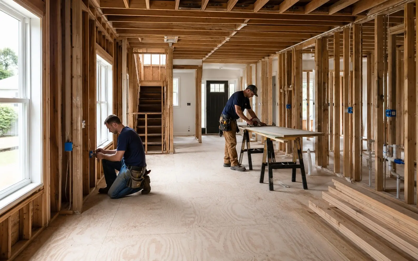 Wide view of a whole-house interior remodel: open studs, new subfloor, crew of two working