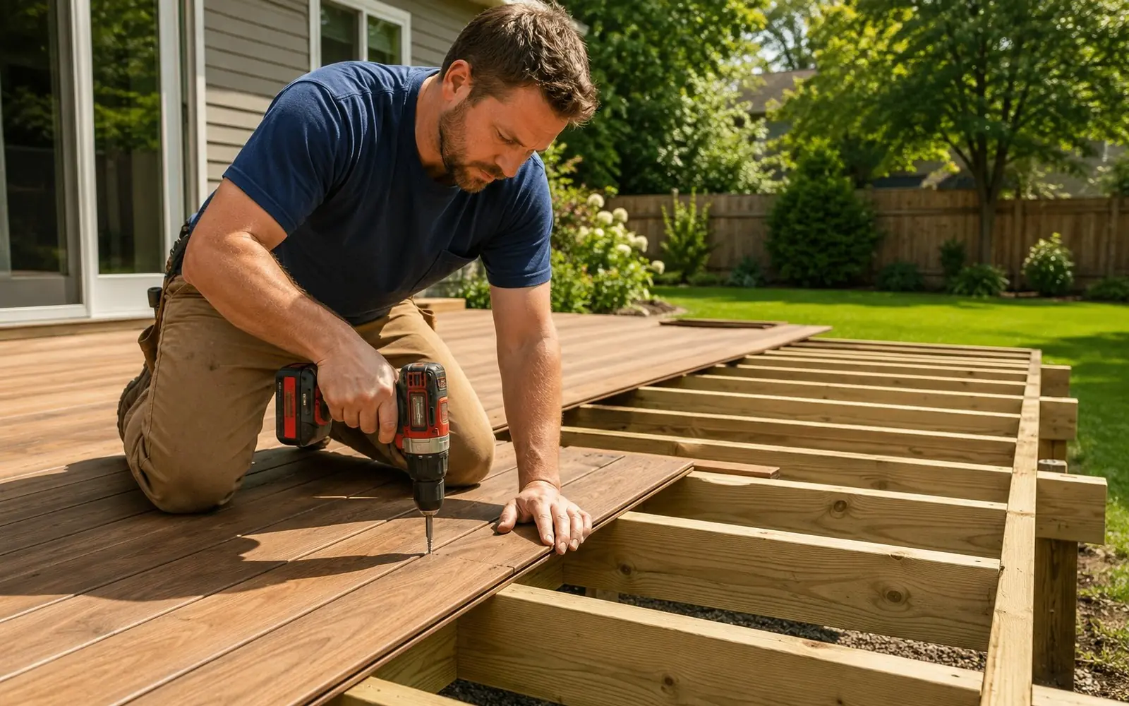 Carpenter fastening deck boards on new joists, framing visible, mid-build