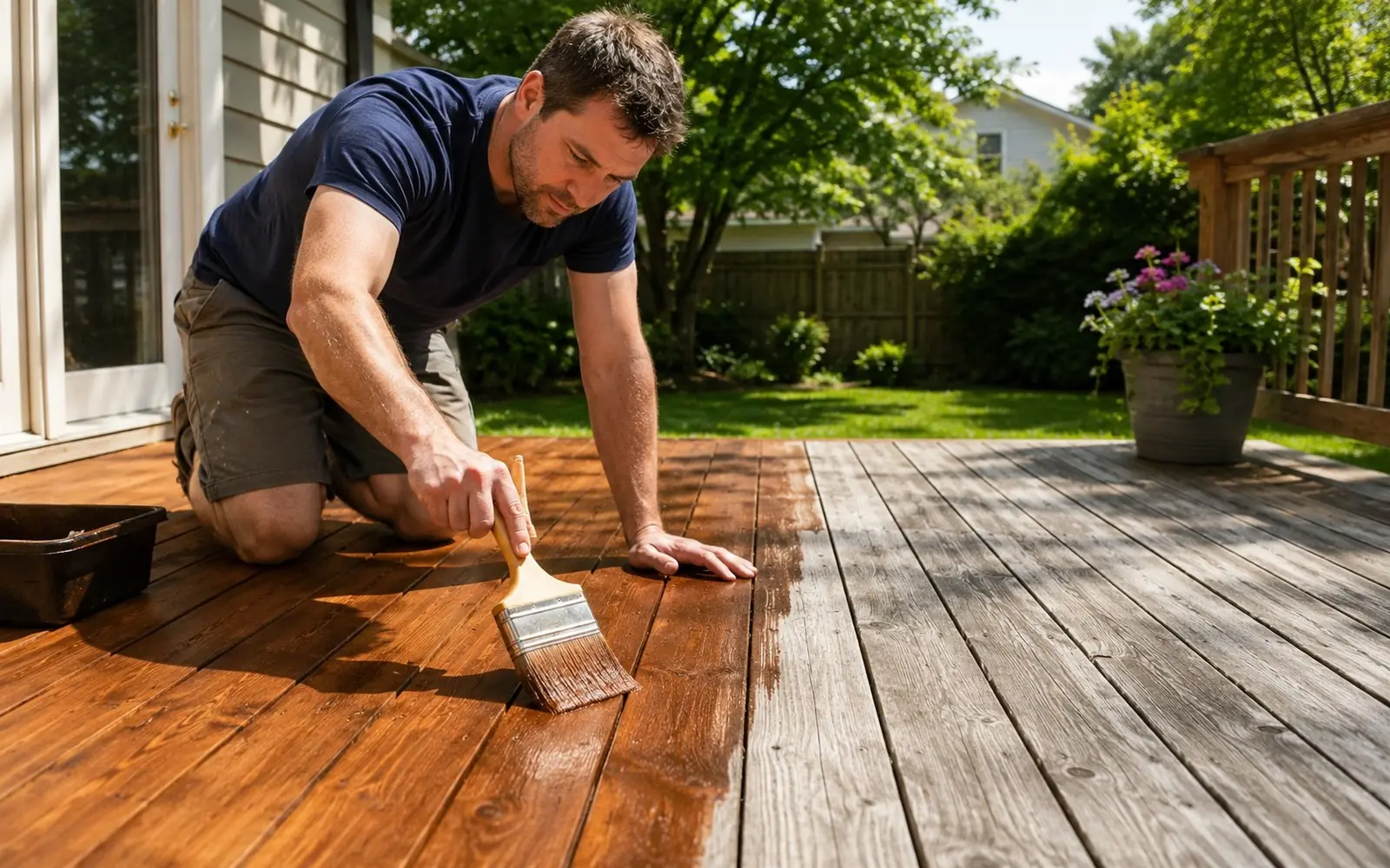 Homeowner brushing rich semi-transparent stain onto a weathered deck, half done