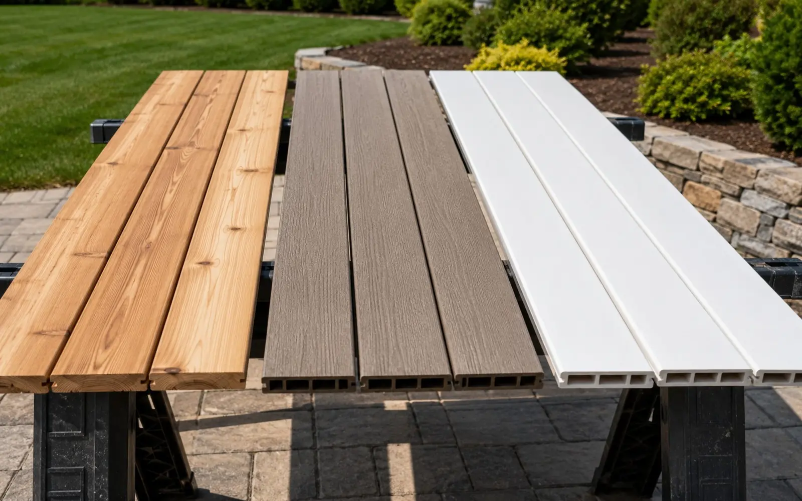 Close comparison stack of cedar, composite, and PVC deck boards on sawhorses