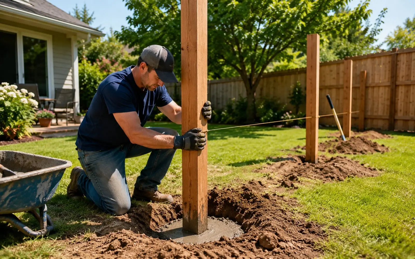 Installer setting a fence post in concrete, string line to existing posts