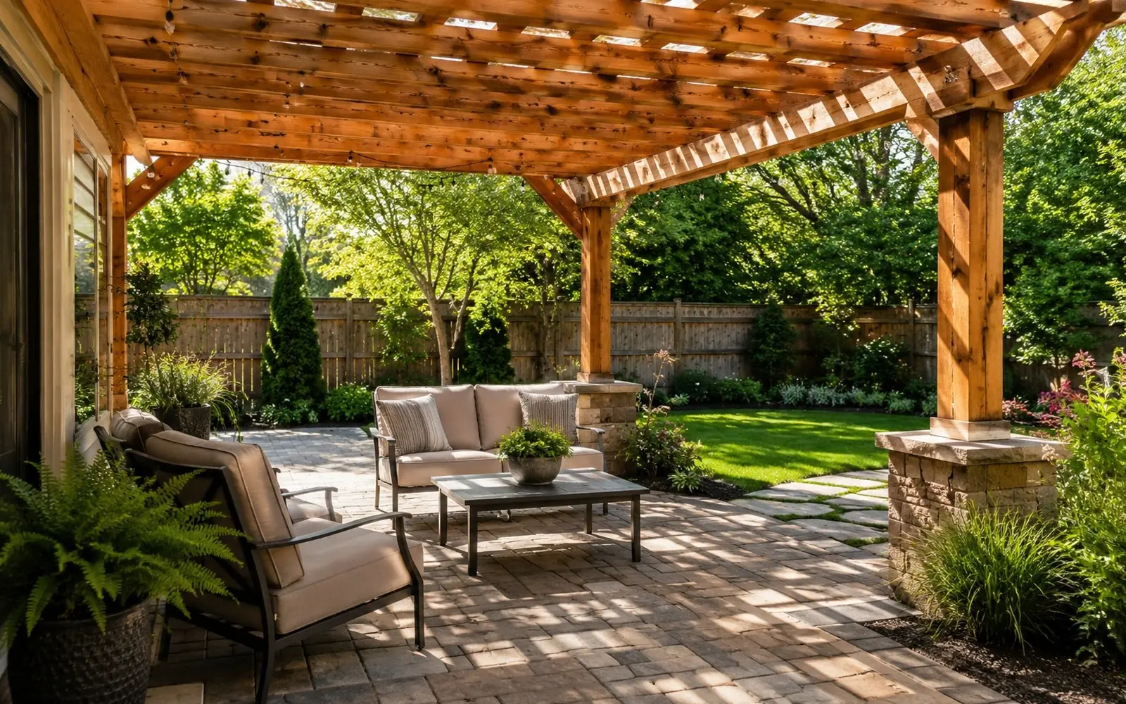 Finished paver patio under a new wood pergola cover, dappled light, simple furniture