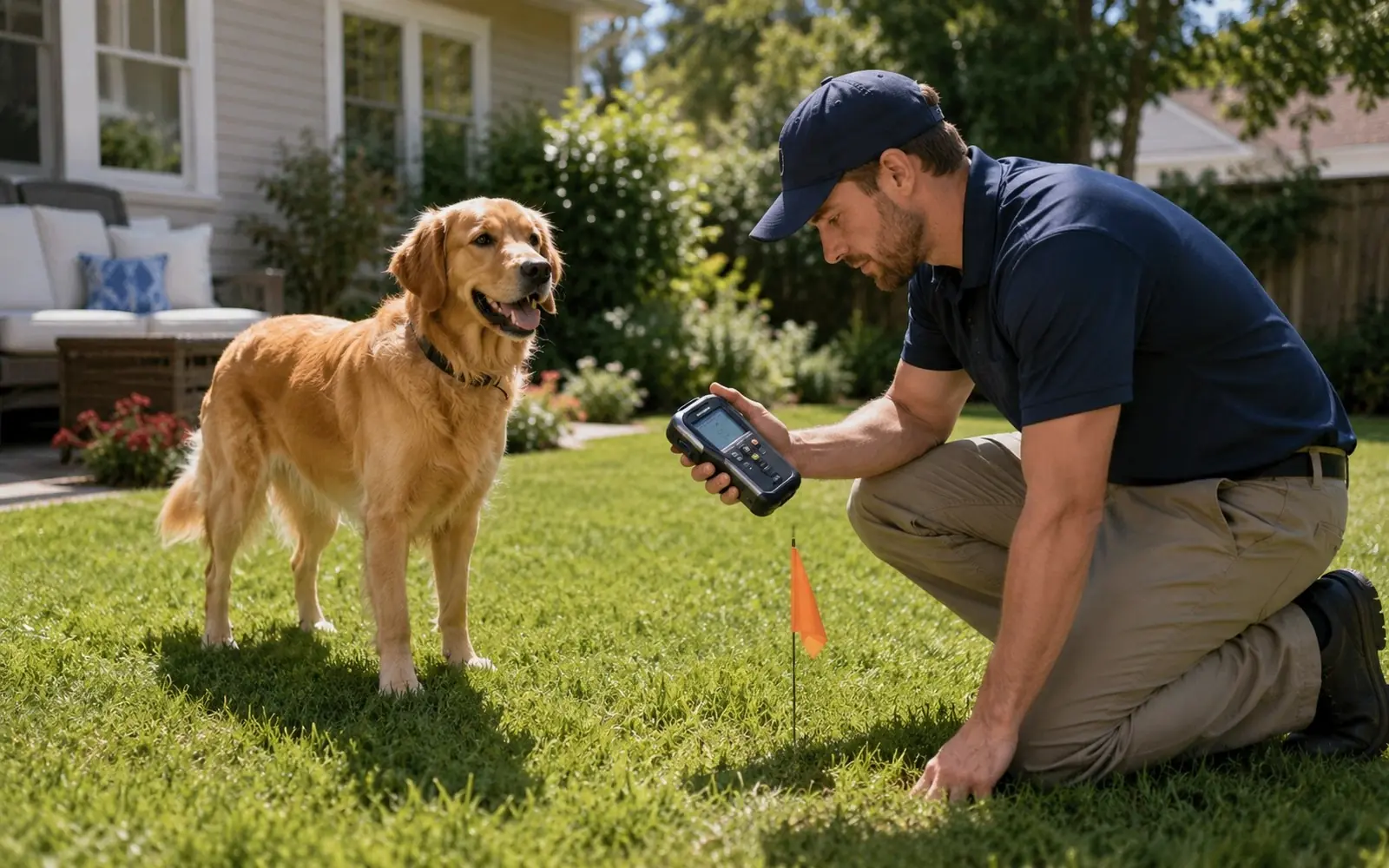 Happy dog in a yard wearing a slim collar, technician kneeling at a boundary flag line