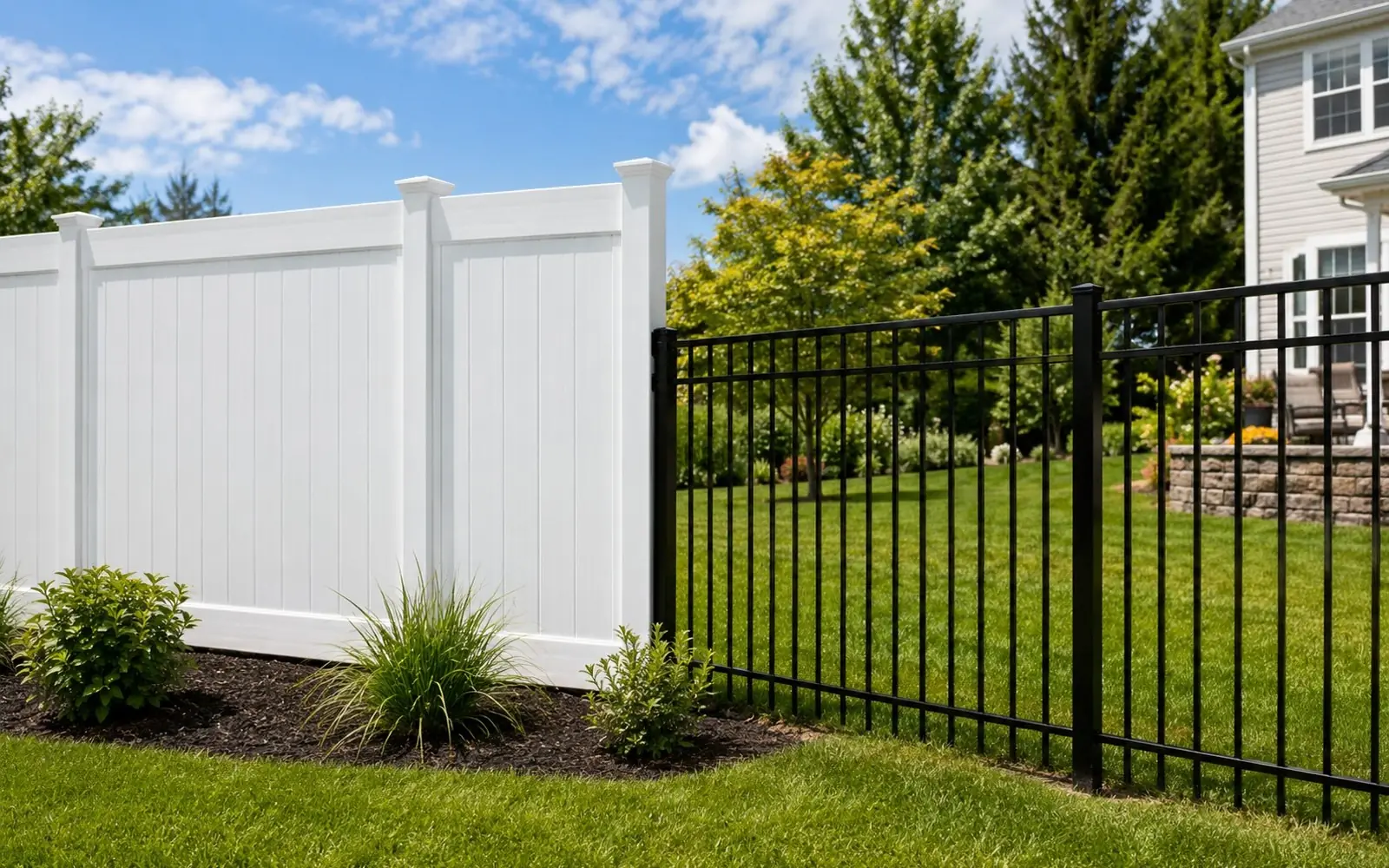 Crisp white vinyl fence line meeting a section of black aluminum fence, sunny yard