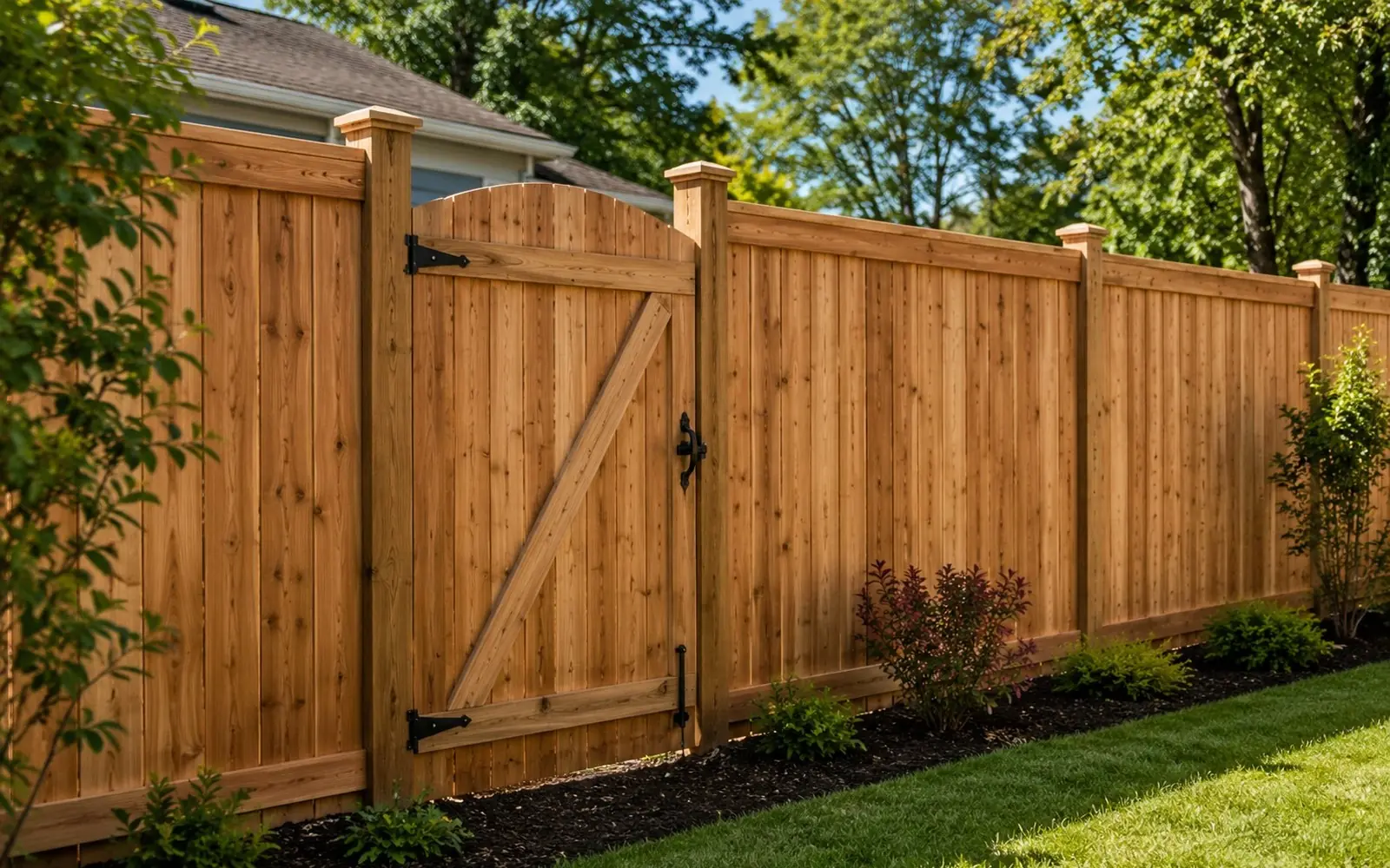 New six-foot cedar privacy fence with clean horizontal light, gate detail
