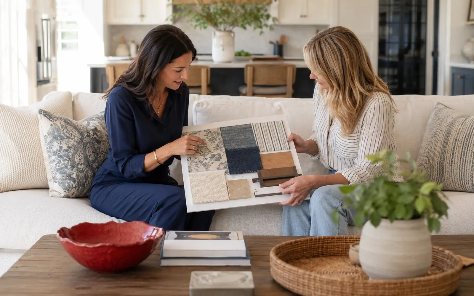 Designer and homeowner reviewing a fabric-and-finish board together on a sofa