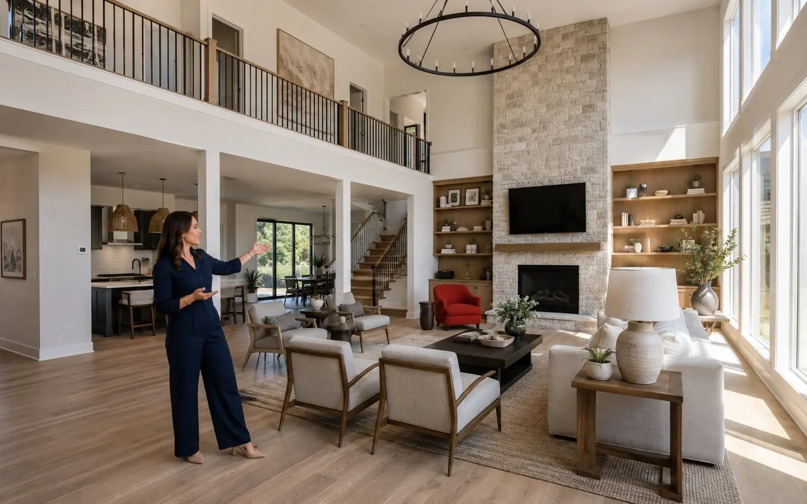 Designer gesturing at a sunlit double-height living space, sightlines and proportion