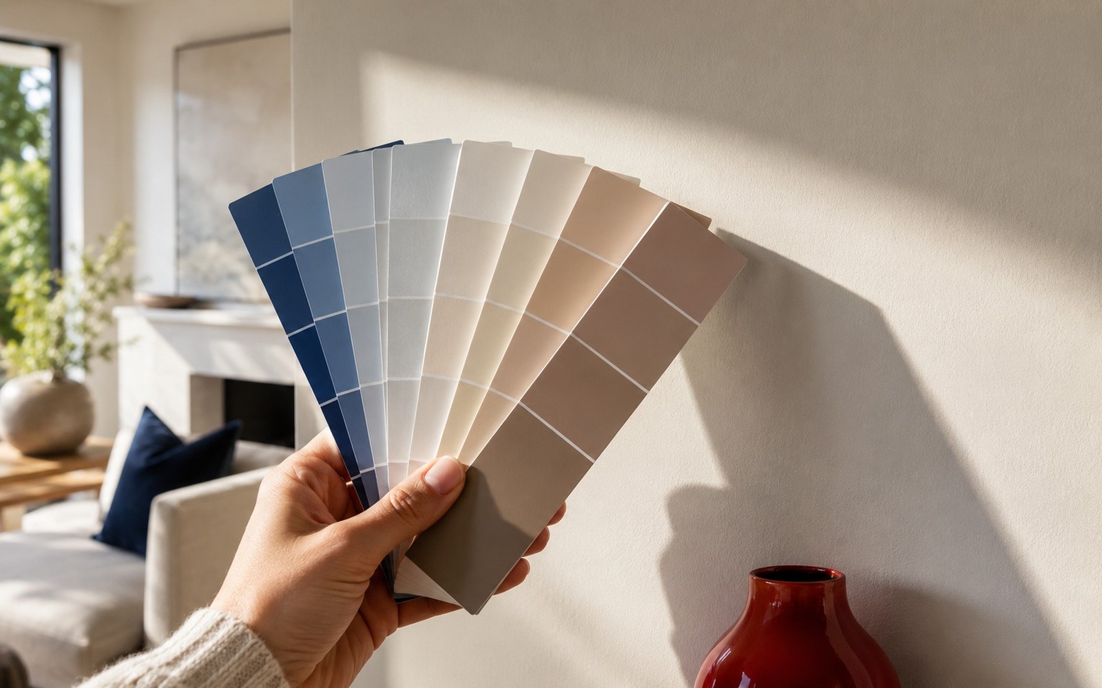 Hand holding a fan of paint chips against a wall lit by daylight, blues to warm neutrals
