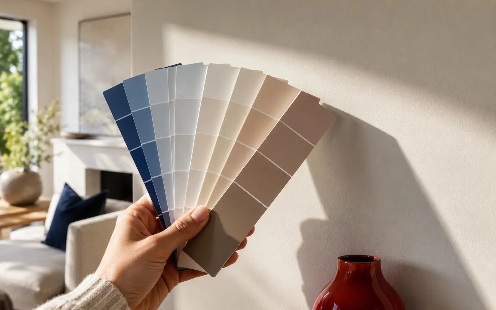 Hand holding a fan of paint chips against a wall lit by daylight, blues to warm neutrals