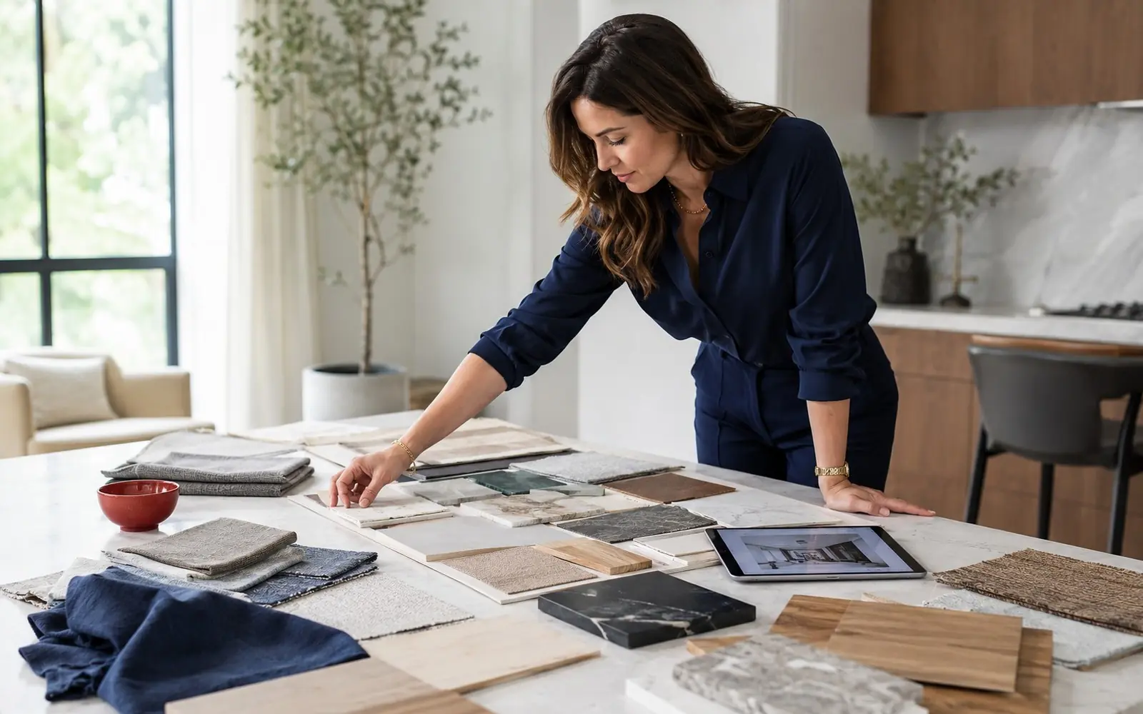 Designer laying out material samples and a tablet on a worktable, planning session