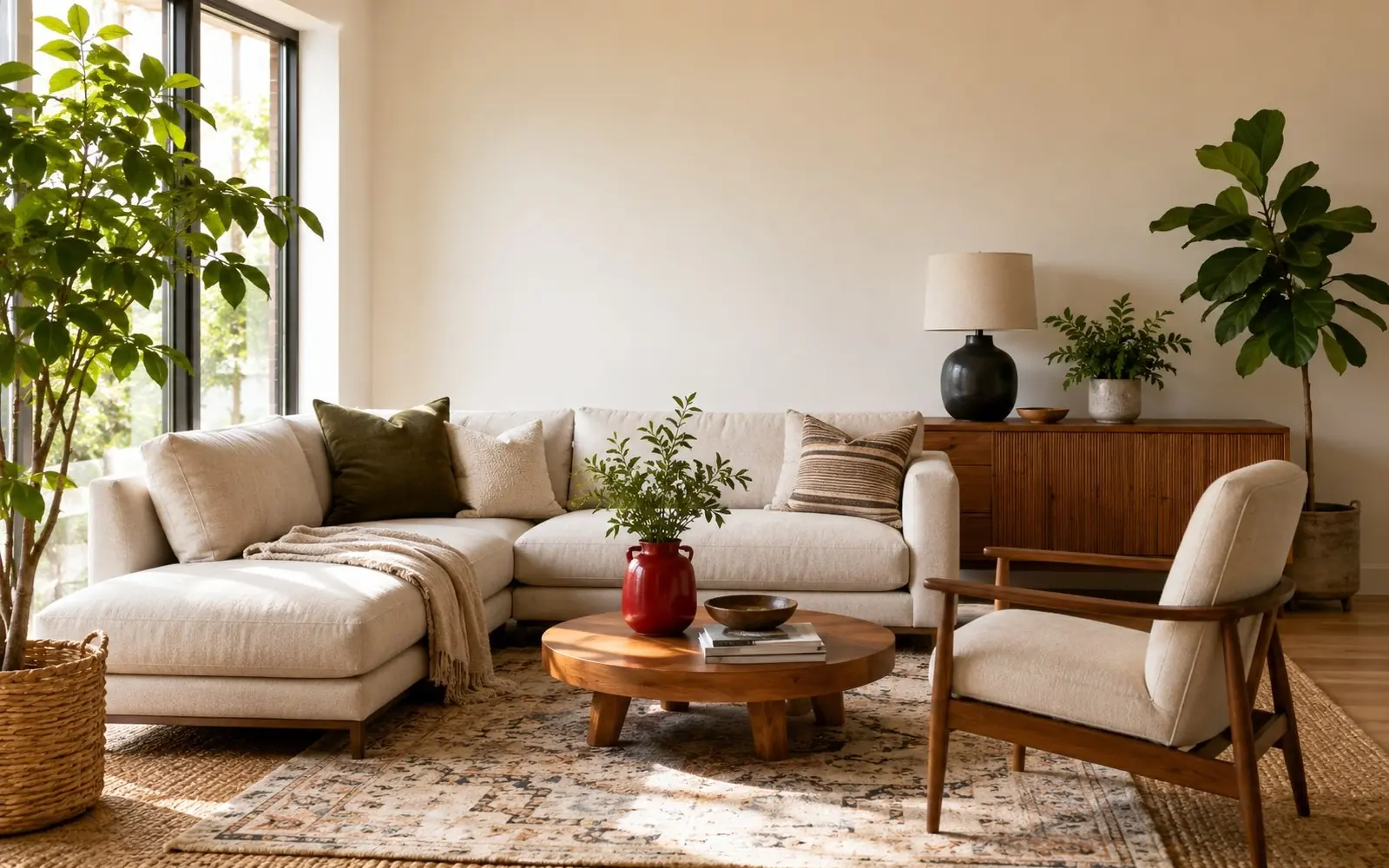 Styled bright living room vignette: layered rug, plants, gallery-free wall, warm woods