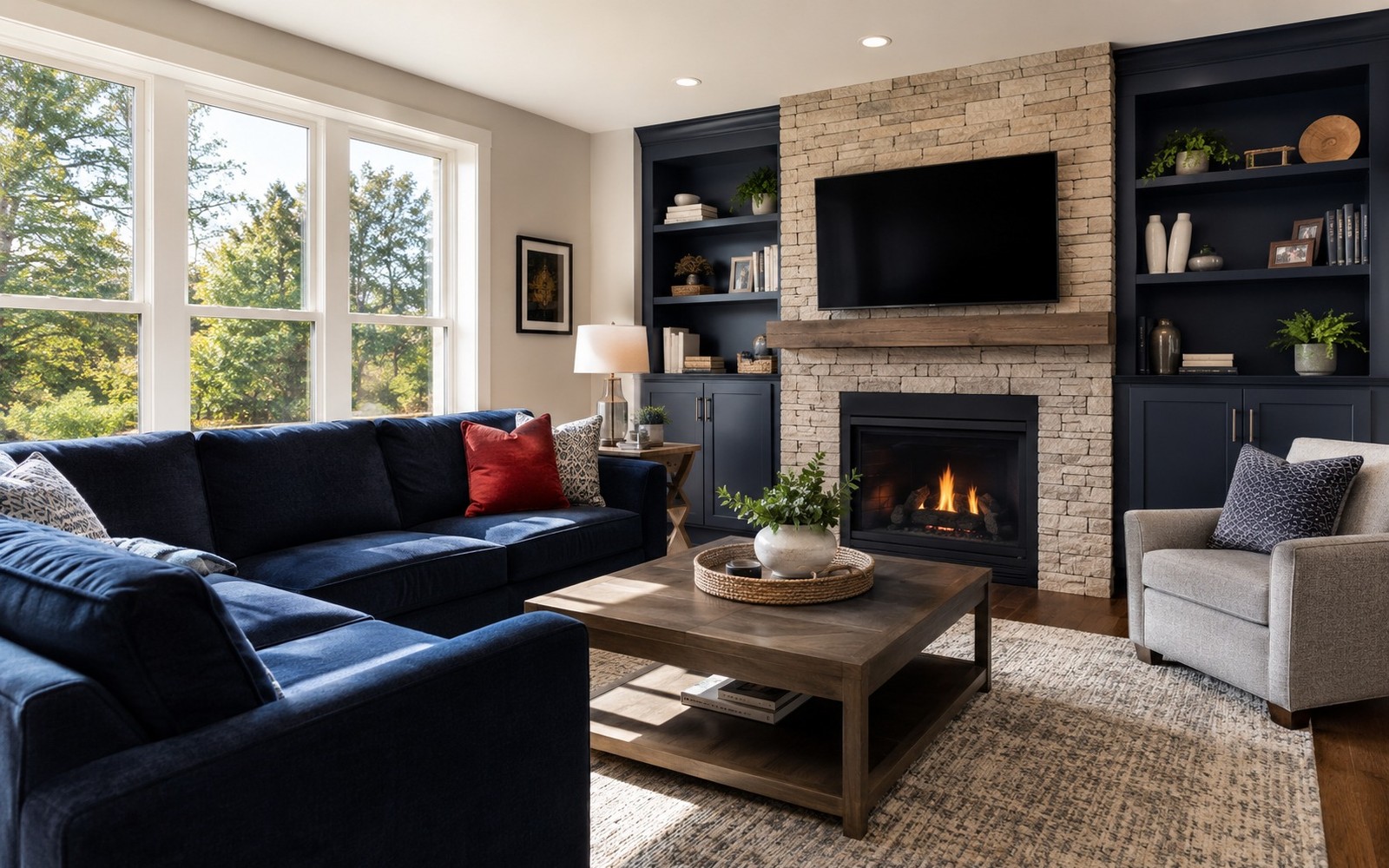 Wide finished family room, cohesive palette, navy sofa with one red throw, morning light