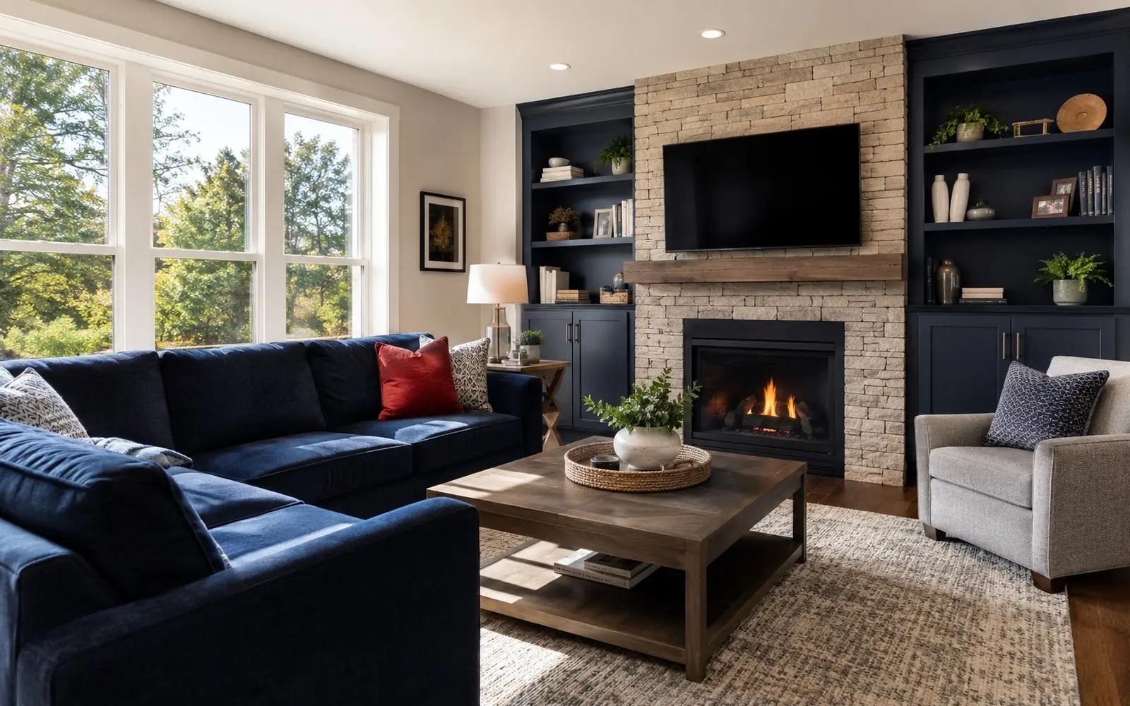 Wide finished family room, cohesive palette, navy sofa with one red throw, morning light