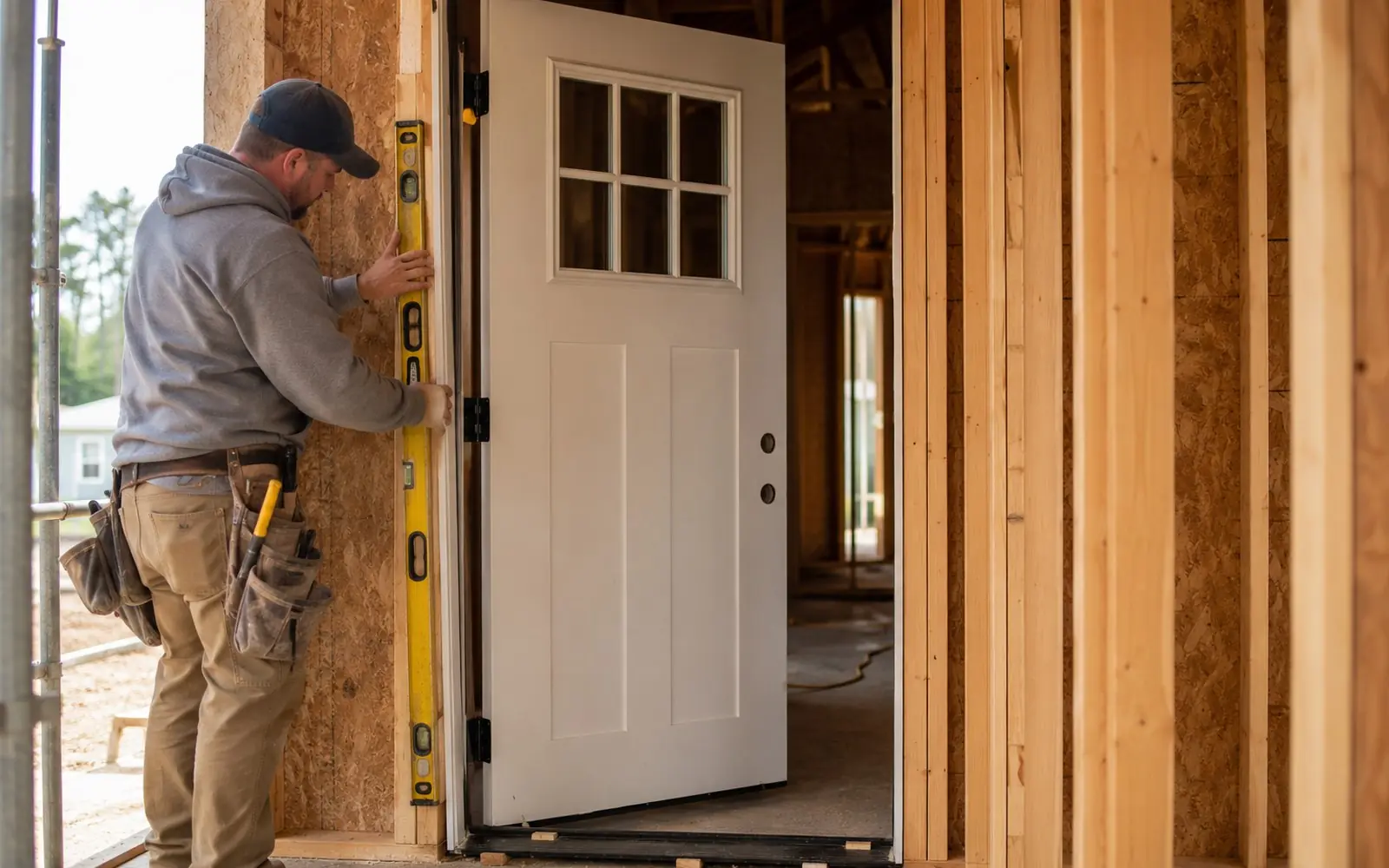 An installer setting a prehung exterior door into a framed opening, with a level against the jamb and shims on the sill.