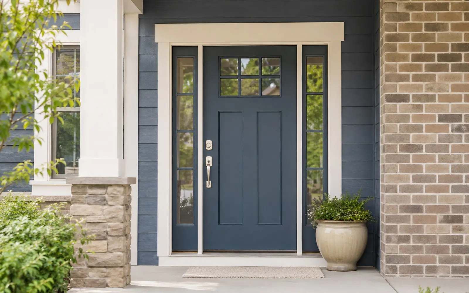 A newly installed painted steel front door with a brushed handleset, seen straight on from the porch of a suburban house.