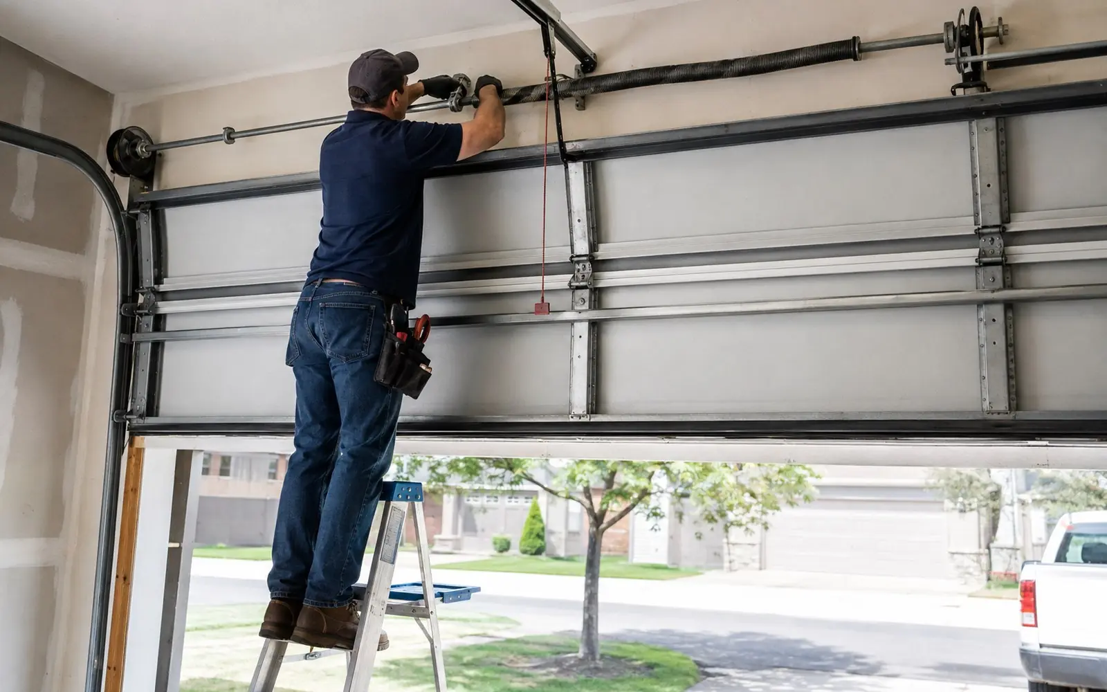 A technician on a step ladder working on the torsion spring shaft above the opening of a partly raised two-car sectional garage door.