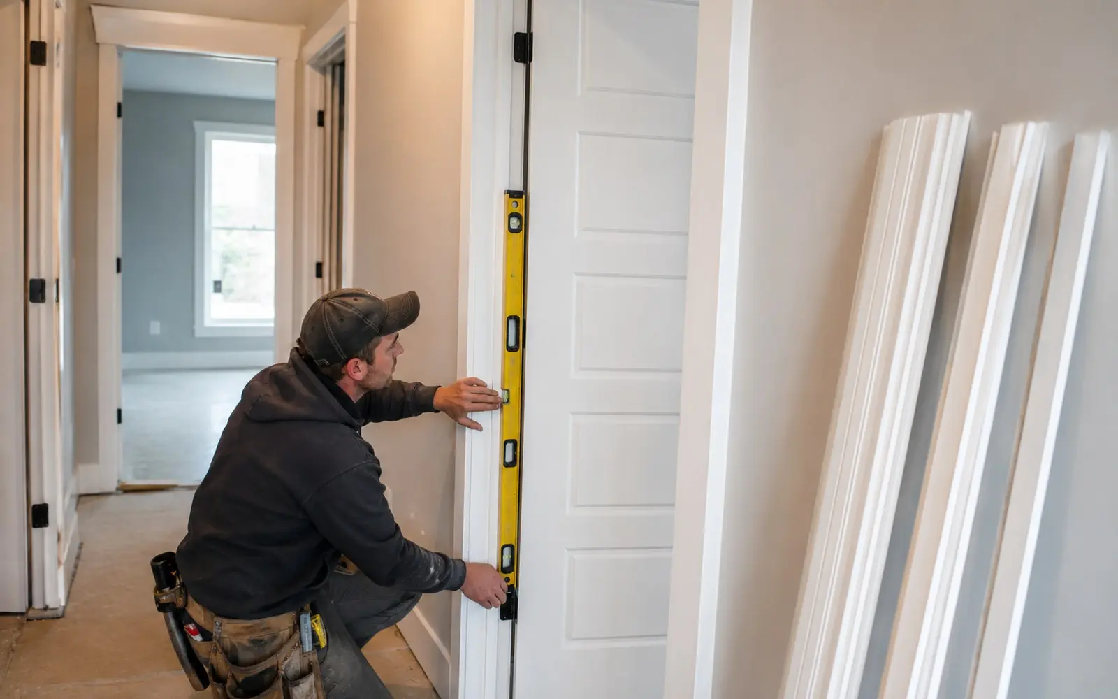 A carpenter checking a white five-panel interior door for plumb in a hallway opening, with casing stacked against the wall.