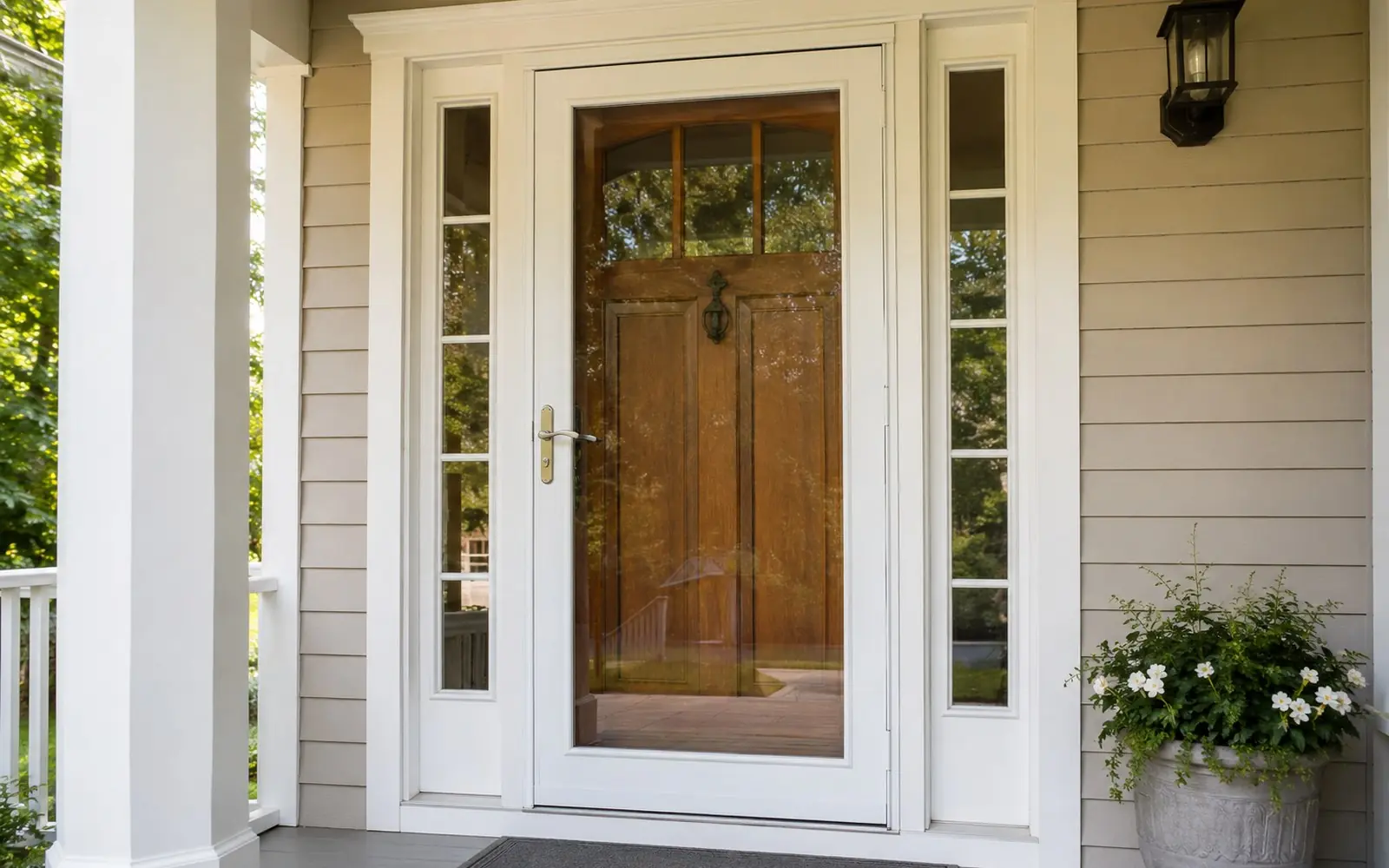 A white aluminium full-view storm door fitted in front of a wooden front door on a covered porch, seen from outside.