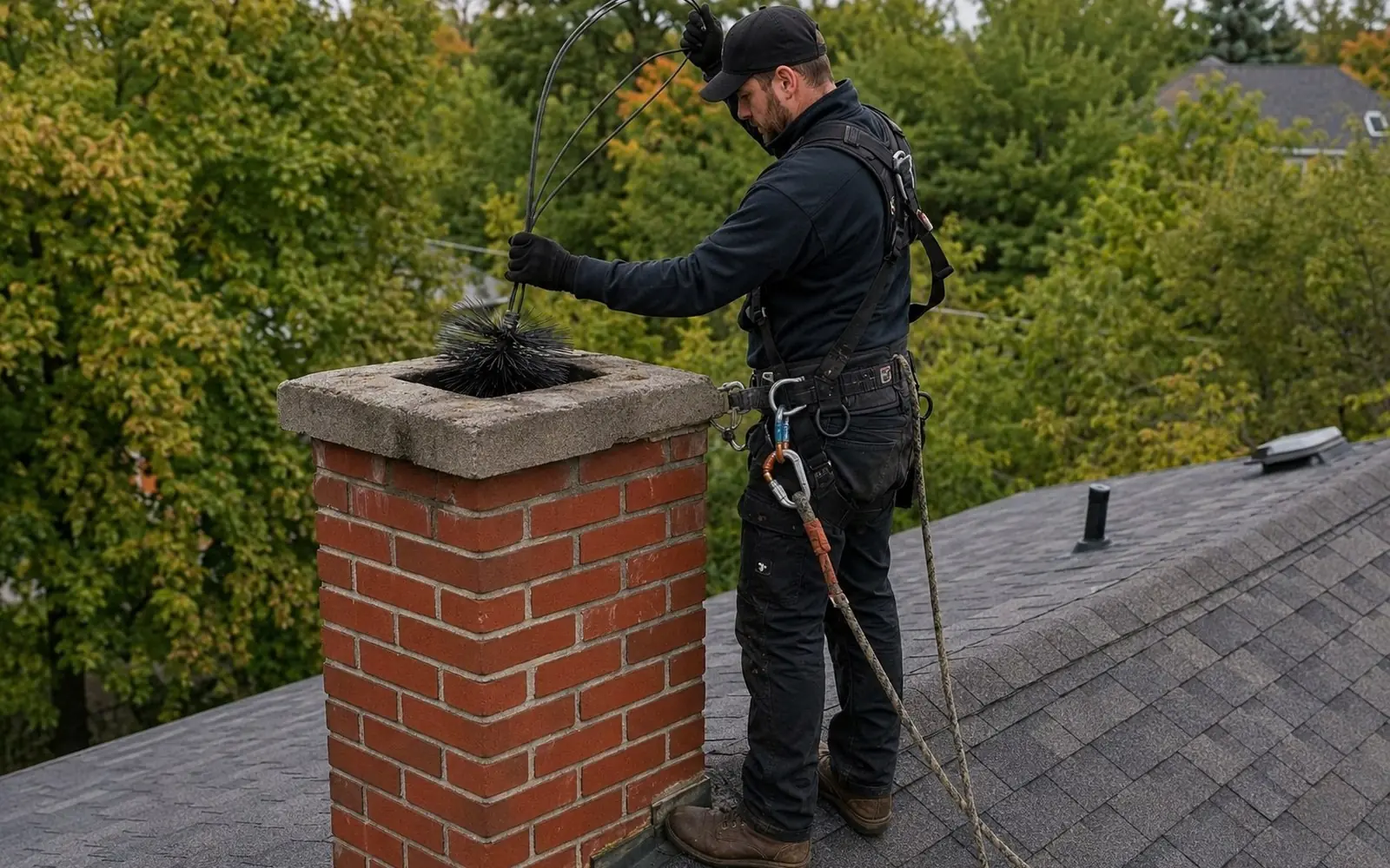 A chimney sweep standing on a shingled roof next to a brick chimney, feeding a rod and brush set down into the open flue.