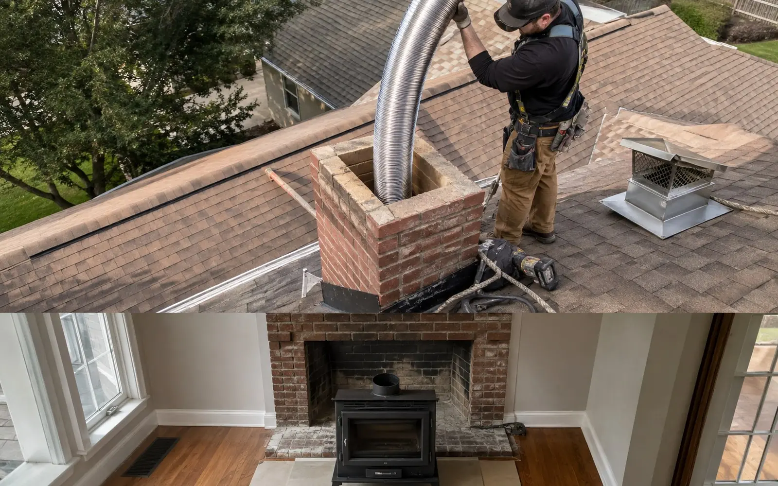 A stainless steel flexible chimney liner being fed down a brick chimney from the roof, with a wood-burning insert waiting on the hearth below.