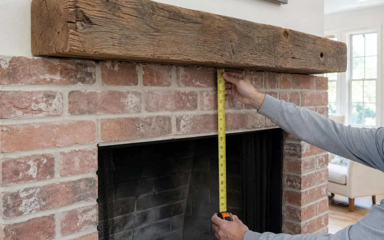 A thick reclaimed wood beam mantel mounted above a brick fireplace opening, with a tape measure held between the top of the opening and the underside of the beam.
