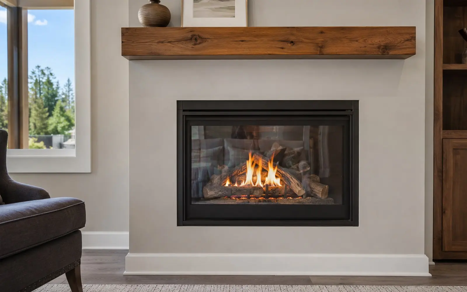 A direct-vent gas fireplace burning behind a fixed glass front, set into a plain painted wall with a wood mantel above it.