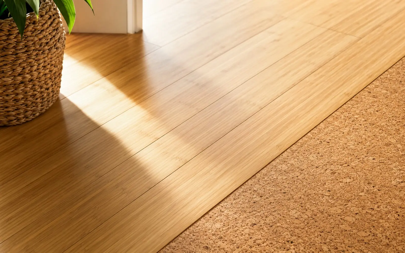 Close on warm strand bamboo planks meeting a corked corner sample, natural texture