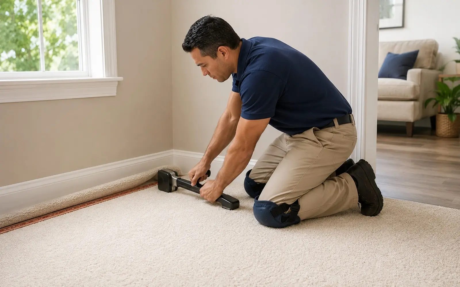 Installer kneeling carpet onto tack strip with a knee kicker, fresh cream carpet