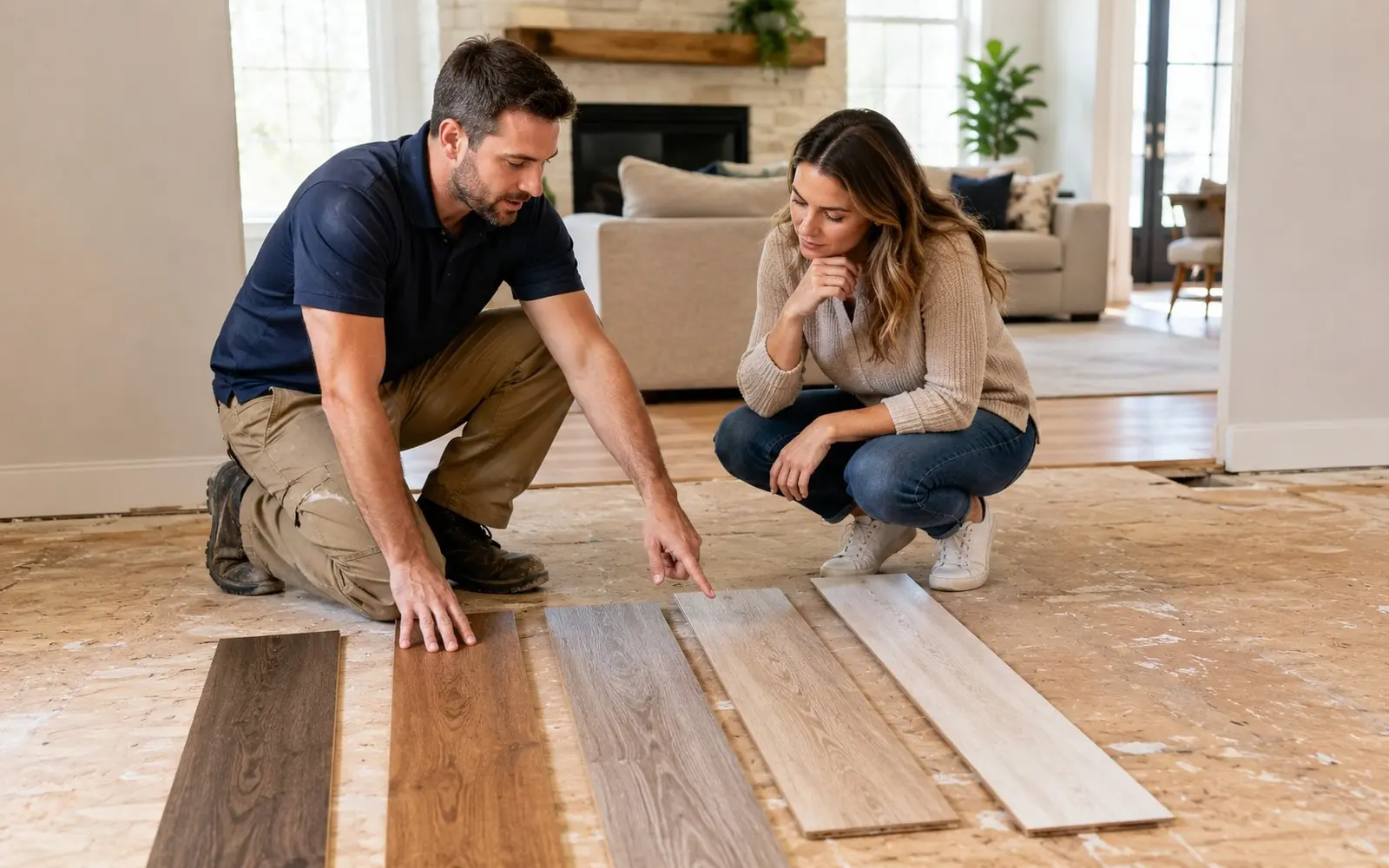 Installer and homeowner reviewing plank samples laid across a subfloor