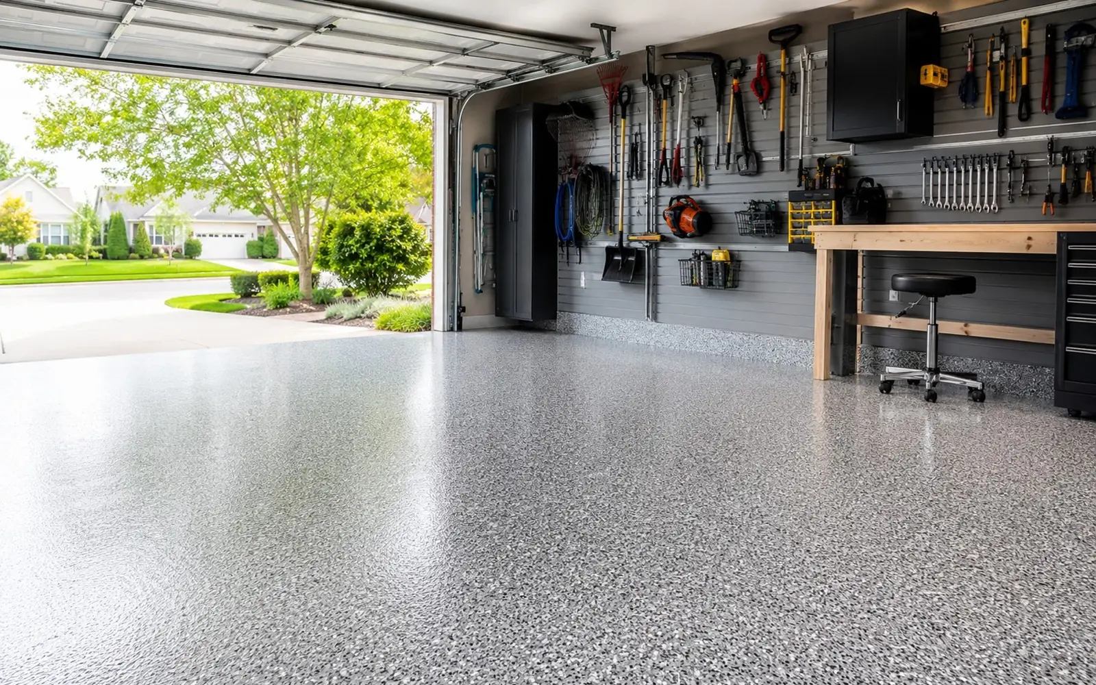 Freshly coated garage floor in light gray flake epoxy, clean tool wall, open door daylight