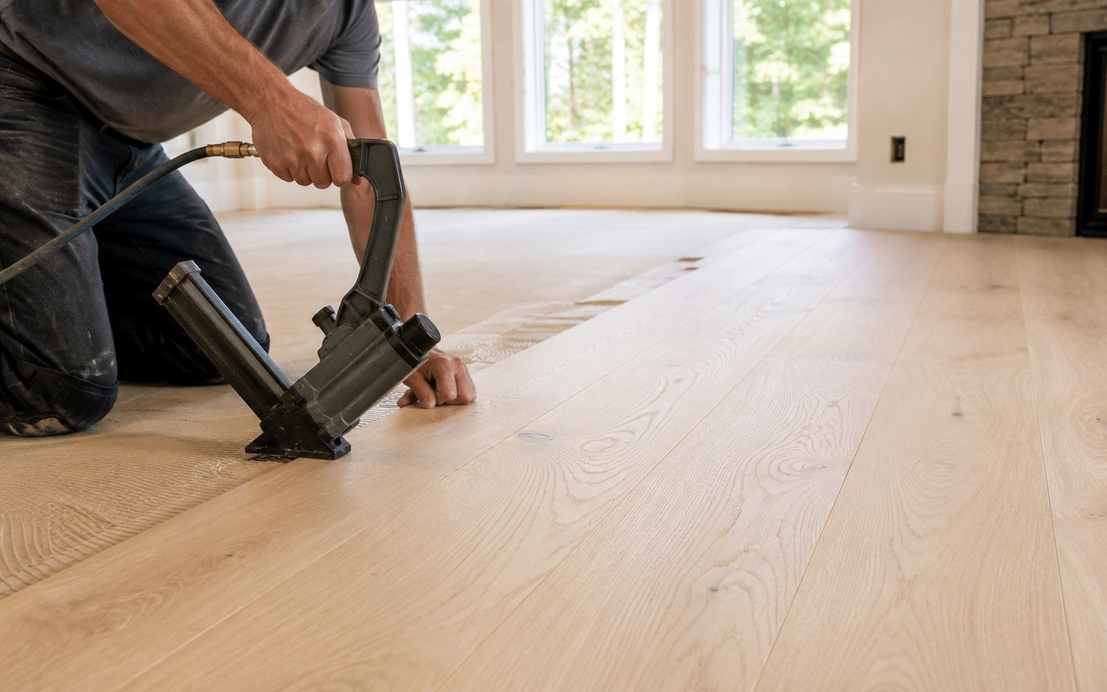 Wide-plank white oak floor being nailed down, flooring nailer mid-strike