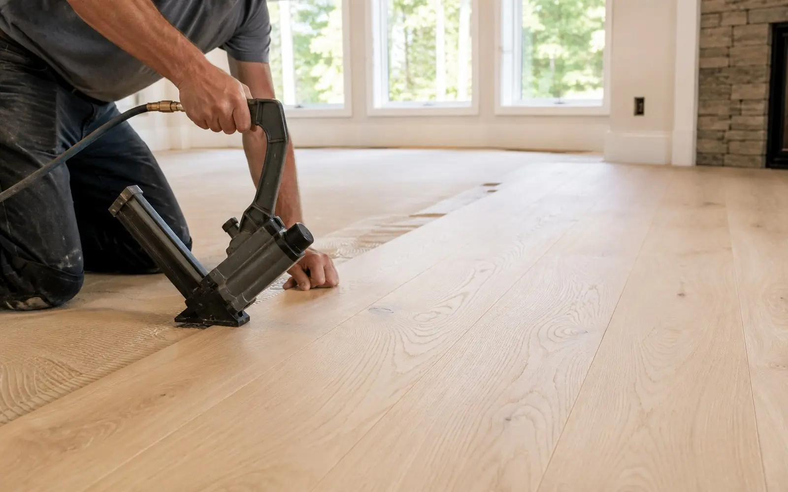 Wide-plank white oak floor being nailed down, flooring nailer mid-strike