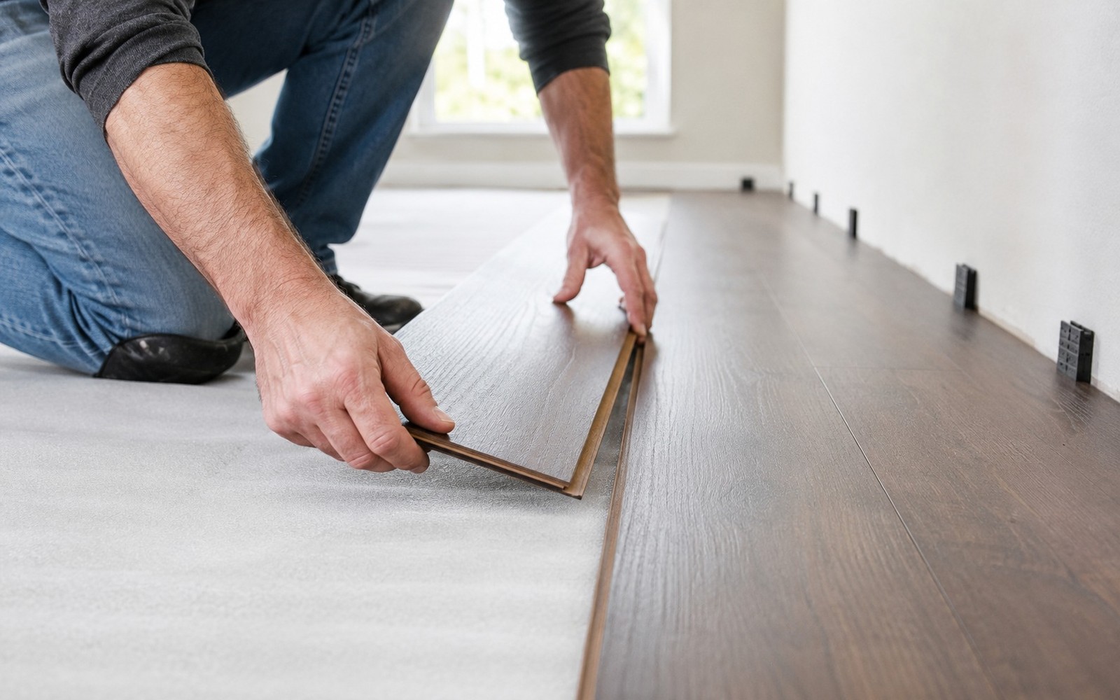 Hands clicking laminate planks over underlayment, spacers at the wall