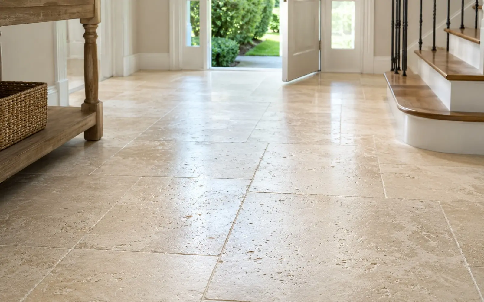 Large-format travertine-look stone tile floor in a sunlit entry, texture close