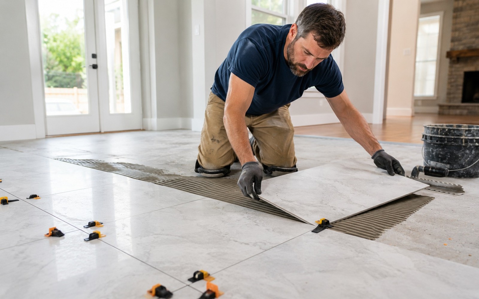 Tile setter placing porcelain tile on thinset with leveling clips, bright room
