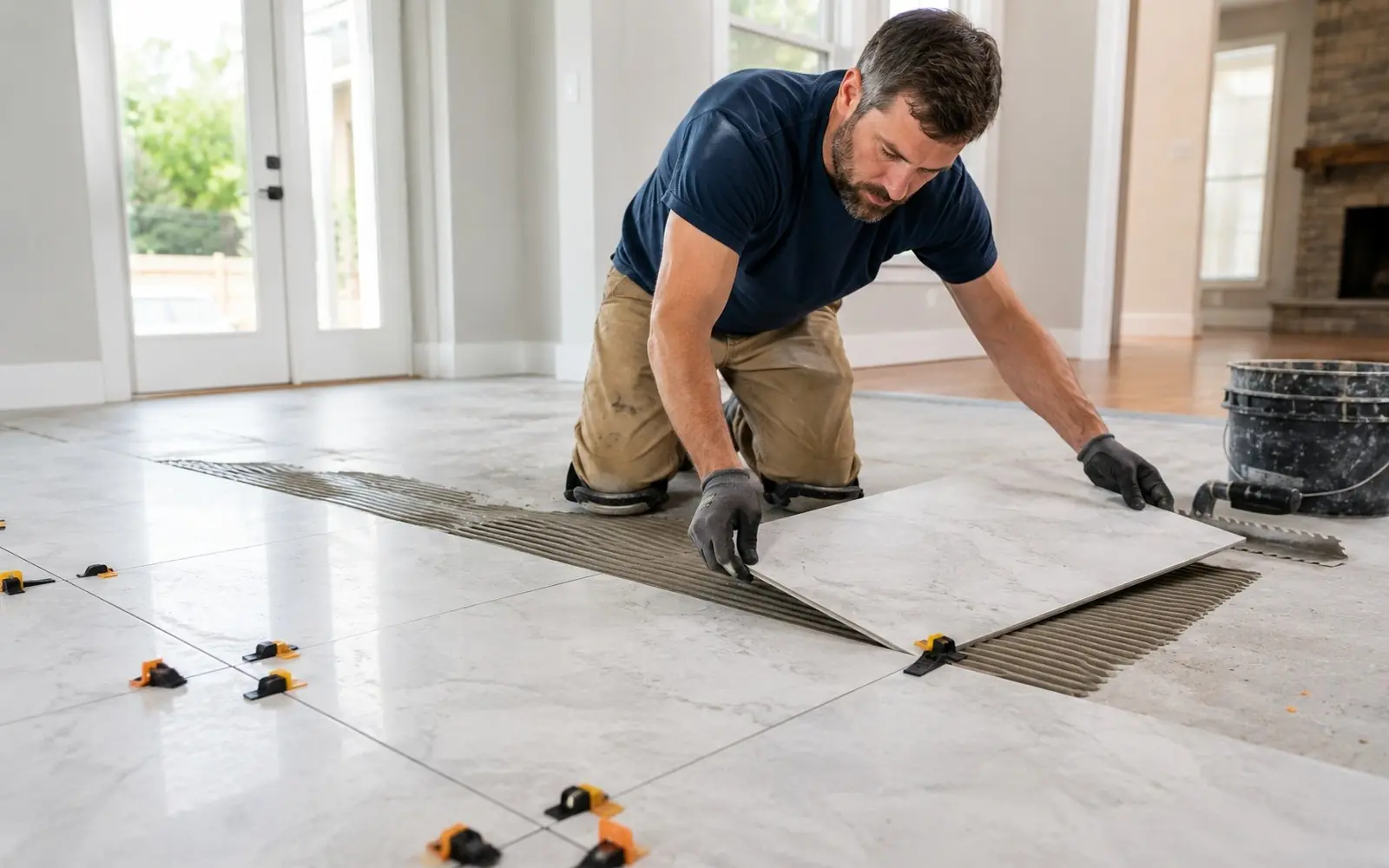 Tile setter placing porcelain tile on thinset with leveling clips, bright room