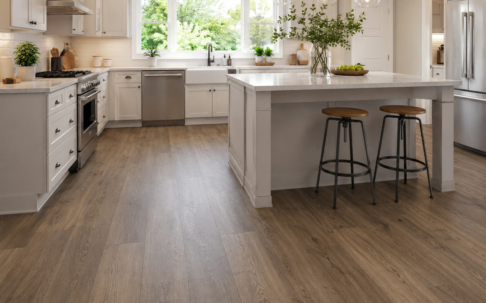 Luxury vinyl plank floor in a finished kitchen, wood-look texture in daylight