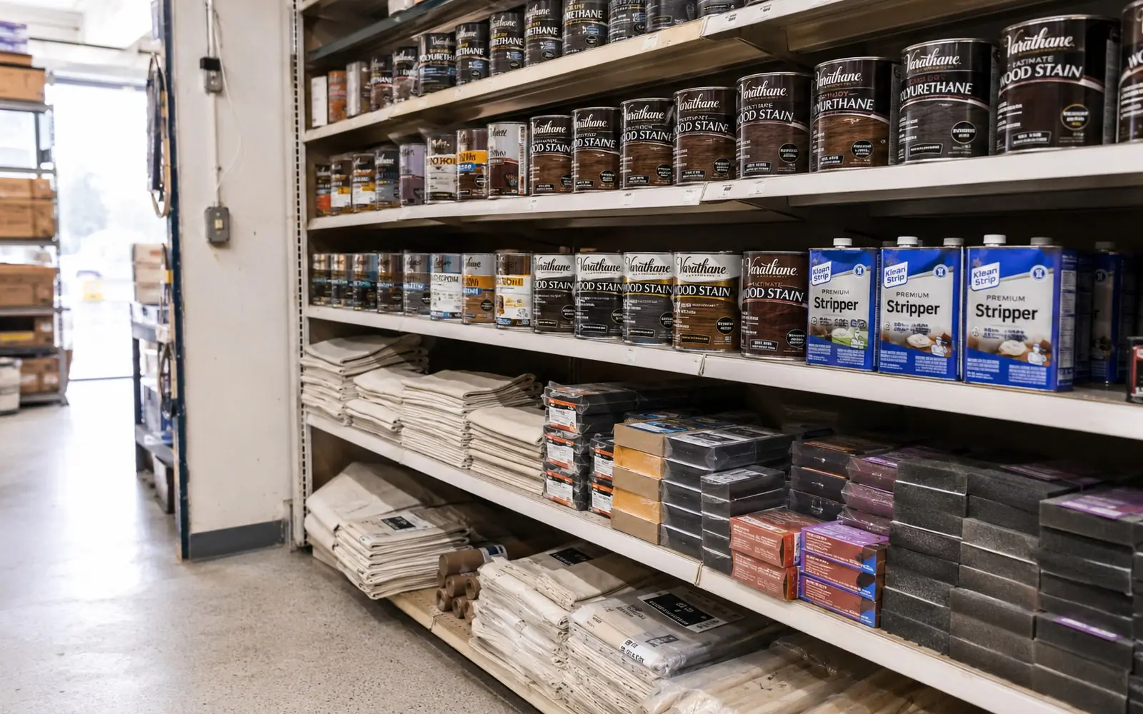 Shelves in a finishing supply store stocked with metal cans of stain and lacquer, quart tins of stripper, sanding blocks and folded canvas drop cloths.