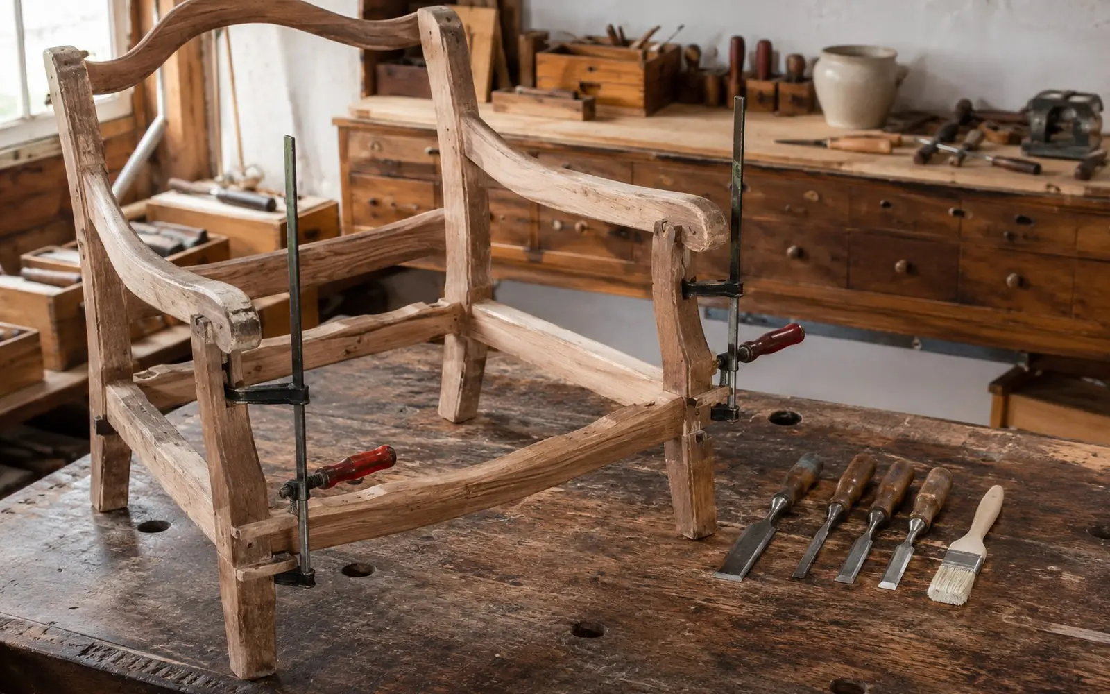 A furniture workshop bench with a wooden chair frame stripped to bare wood, bar clamps holding a freshly glued joint, and chisels and a glue brush laid out beside it.