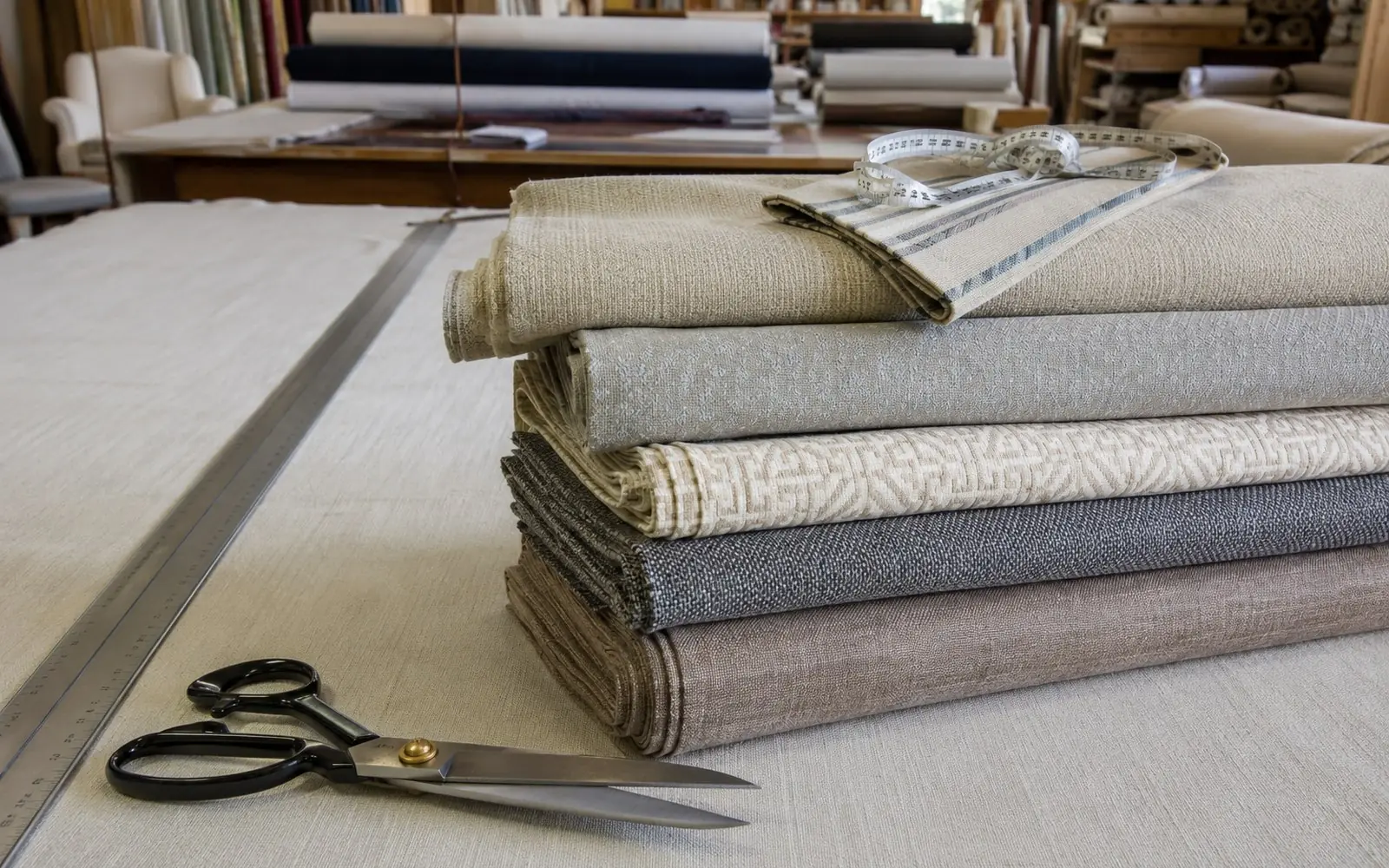 Bolts of upholstery fabric stacked on a workroom table beside a cutting ruler and shears, with a folded striped swatch and a tape measure on top.