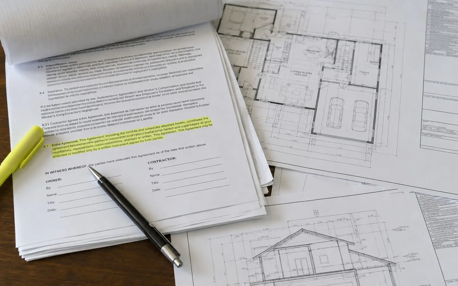 A multi-page construction contract and a set of floor plans spread across a table, with a pen resting on the signature page and a highlighter marking a clause.