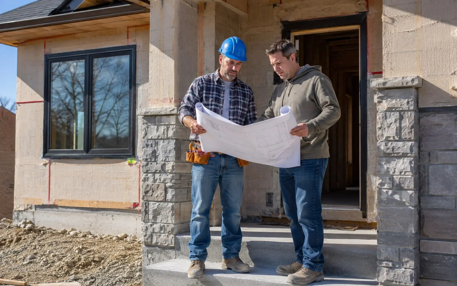 A homeowner and a builder in a hard hat standing on the front steps of a partly finished house, looking at a set of rolled drawings held open between them.