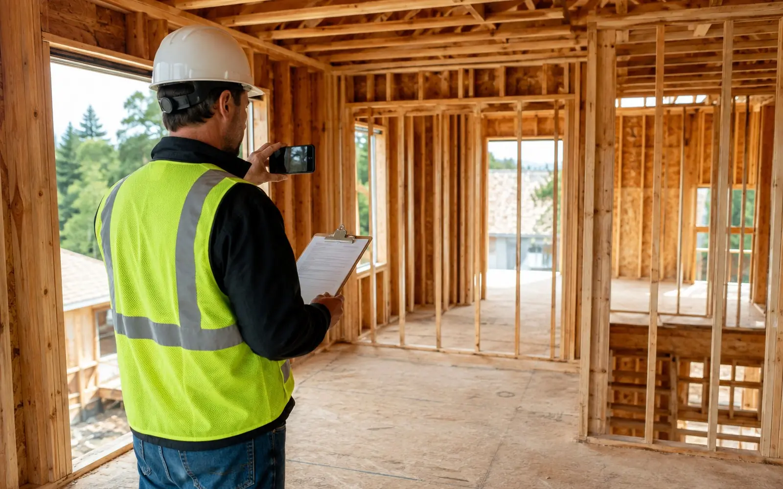 A lender's inspector in a high-visibility vest photographing the framed second floor of a house under construction, clipboard in hand, with subfloor and open stud walls visible behind.