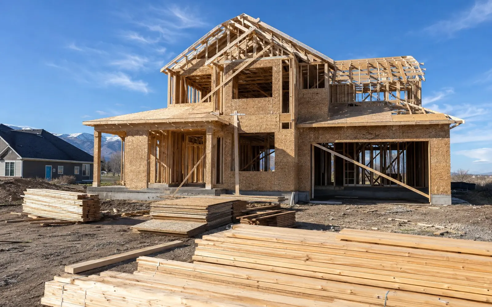 A two-story wood-framed house under construction on a cleared lot, sheathing partly installed, roof trusses set, a concrete driveway apron poured and a portable toilet and lumber stacks in the foreground.