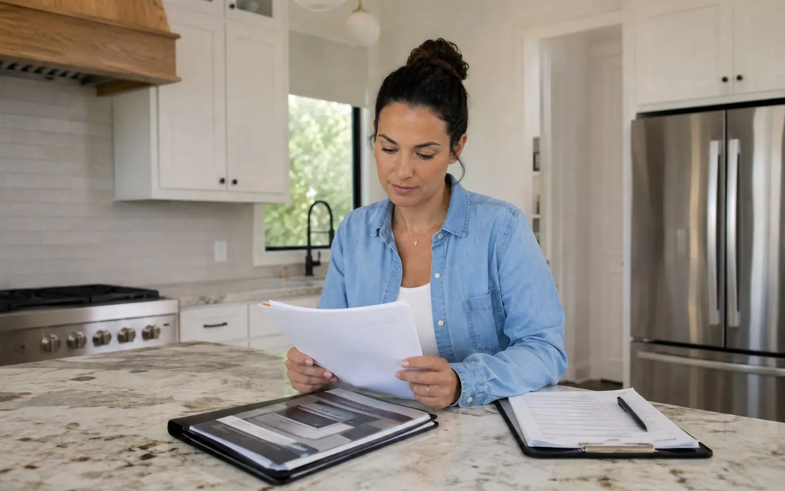 A homeowner at a kitchen island in a newly finished house reading a stapled warranty booklet, with a folder of appliance manuals and a punch list open beside it.