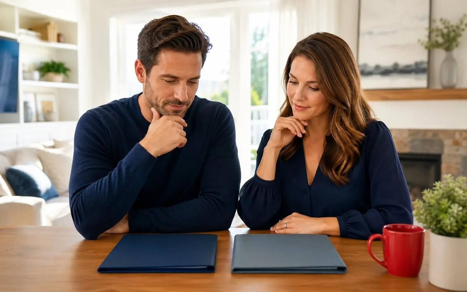 Couple comparing two neat folders side by side at a sunlit table, weighing options