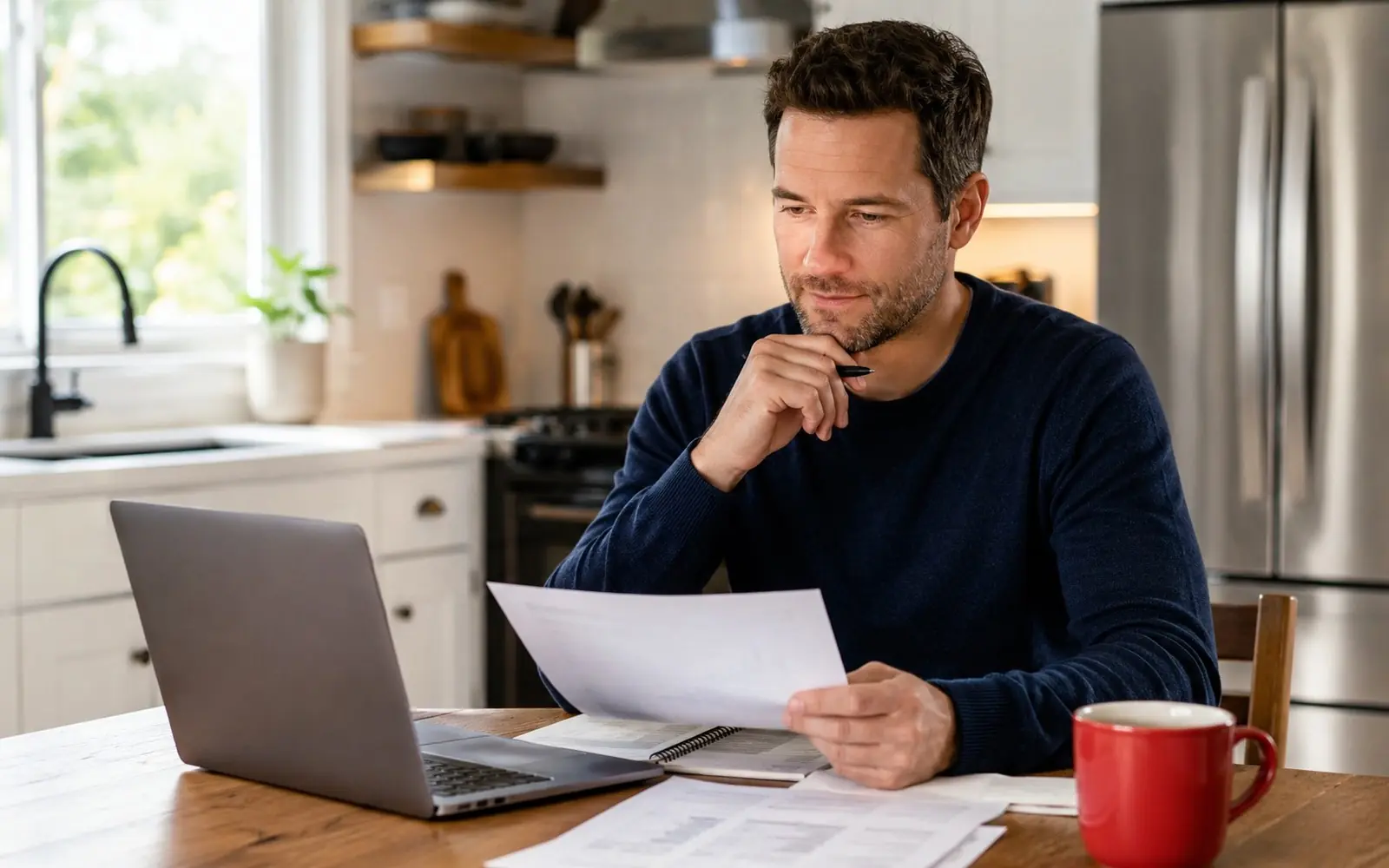 Homeowner in thought at a kitchen table with laptop and coffee, calm determined mood