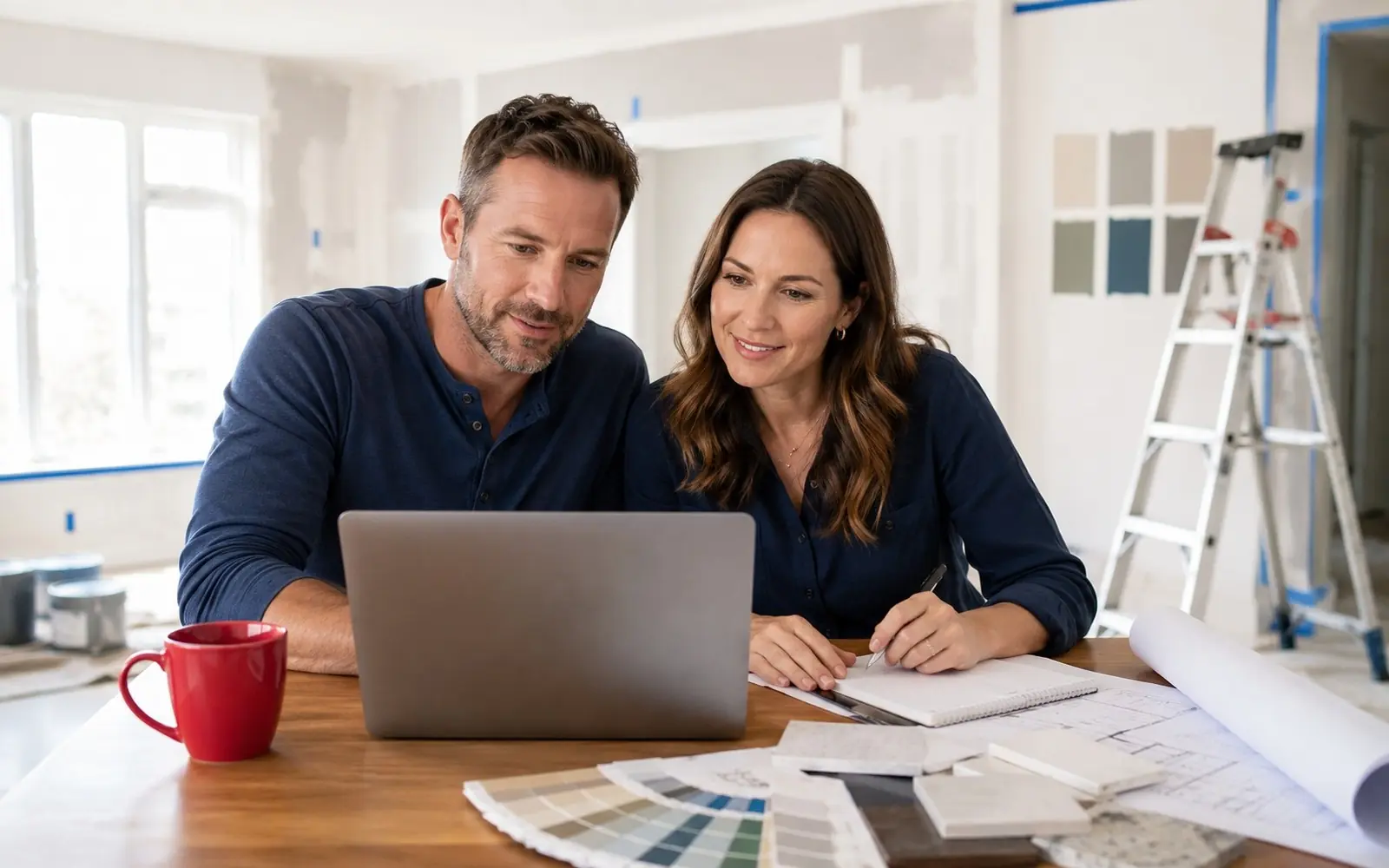 Couple with laptop in a room prepped for remodel, ladder and swatches behind