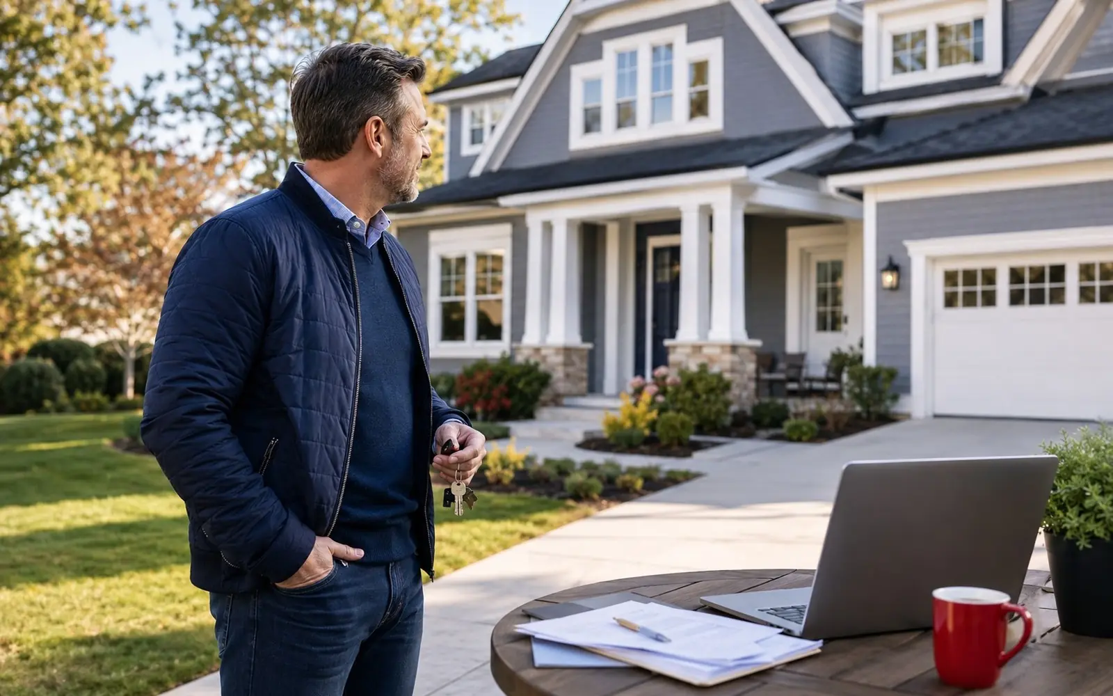 Homeowner gazing at their house from the front walk, keys in hand, appraising feel