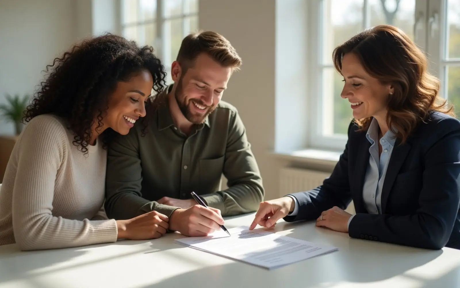 Couple signing an unreadable document at a bright table with an advisor in navy